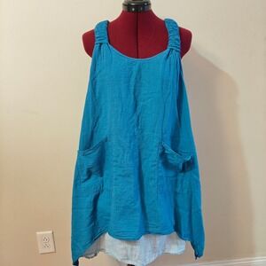 Teal Layered Tunic Dress Boho Lagenlook Sleeveless Pockets Blue Oversized Lined